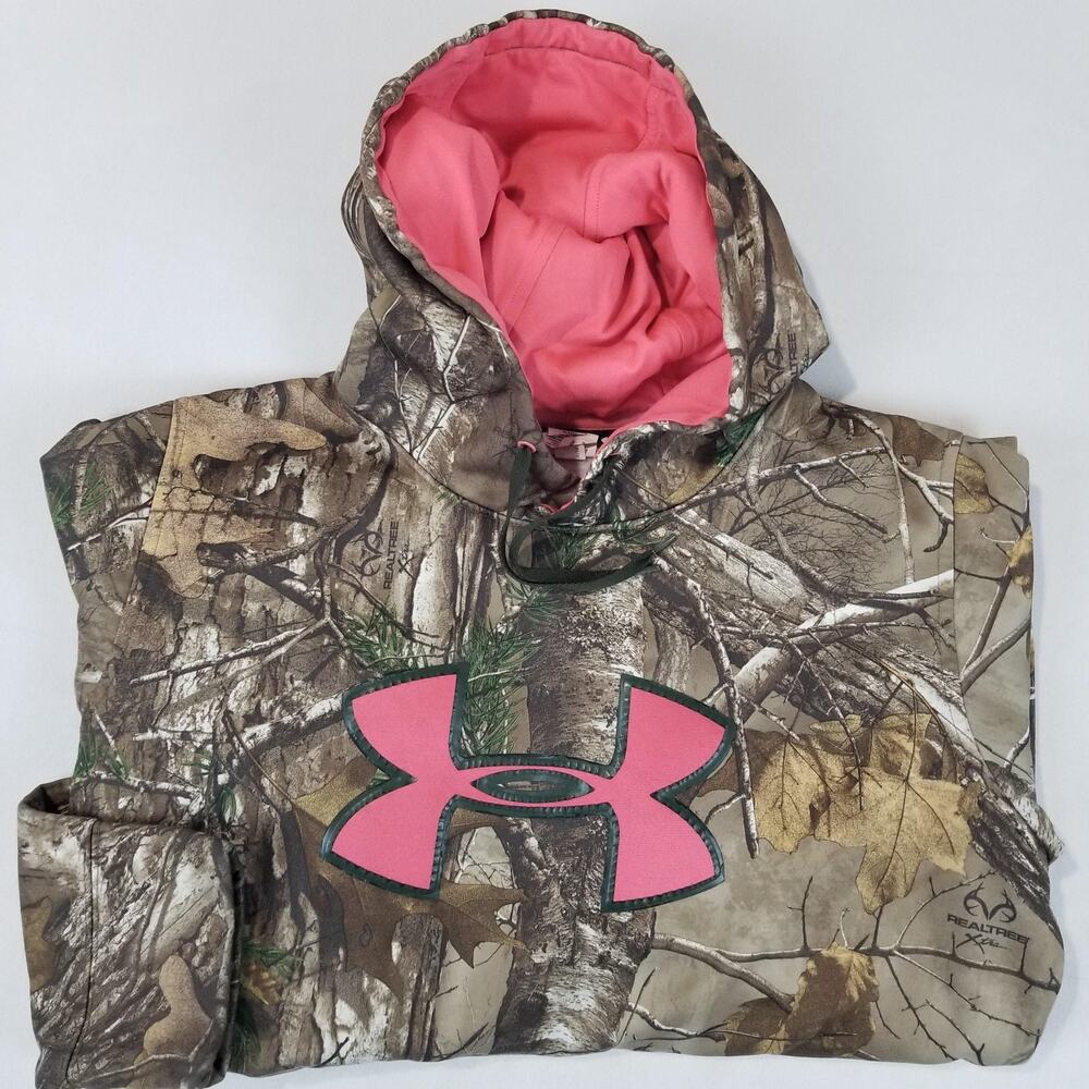 Under Armour Hoodie Womens Medium Realtree Camo Pink Logo Pullover Sweatshirt